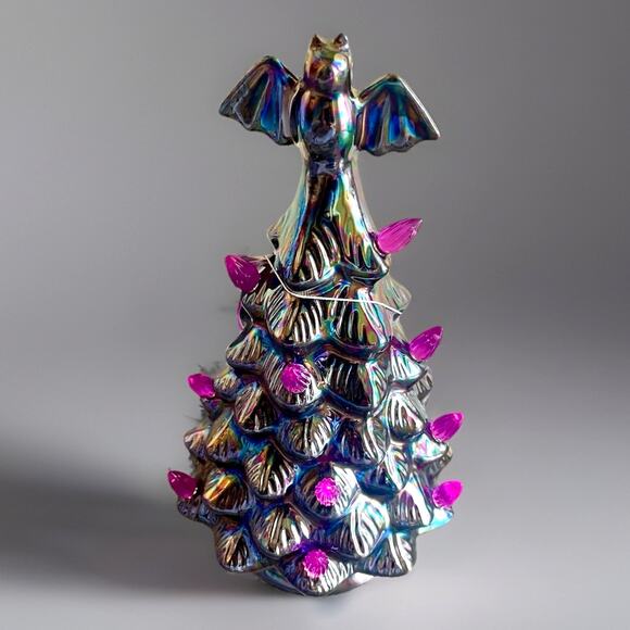Iridescent Halloween Lighted Black Tree Purple Lights Bat Tree Topper Ceramic 9” - Picture 2 of 2